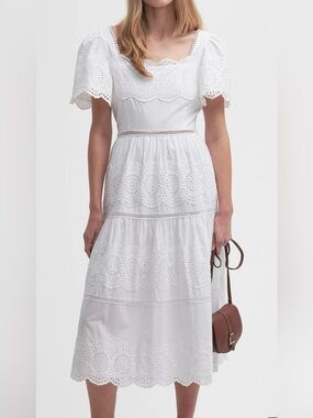 Barbour Joanne white Eyelet Embroidered Tiered Cotton Midi Dress NWT SZ 8